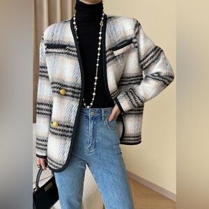 Fuzzy plaid gold button coat NWOT